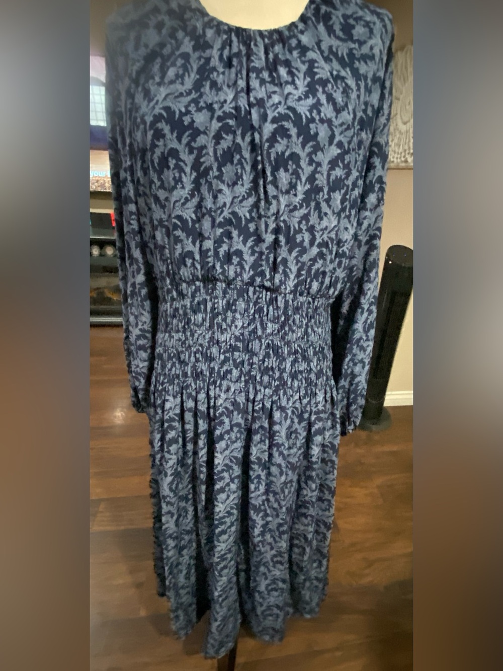 Madewell Navy Printed Long Sleeve Maxi Dress with Smocked Waist